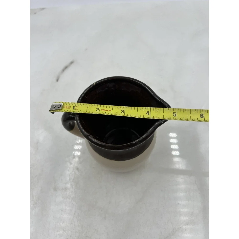 Vintage Stoneware Pitcher Brown Tan Glazed Two Tone Farmhouse Creamer 4.75in